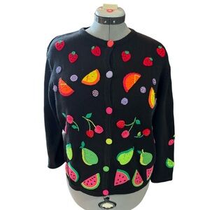E.U.C. Talbots Size Medium Black Cardigan With Fruit Appliqué/Embroidery